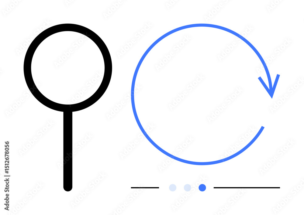 Poster magnifying glass and circular arrow with navigation indicator evoke discovery, refresh, and repetiti