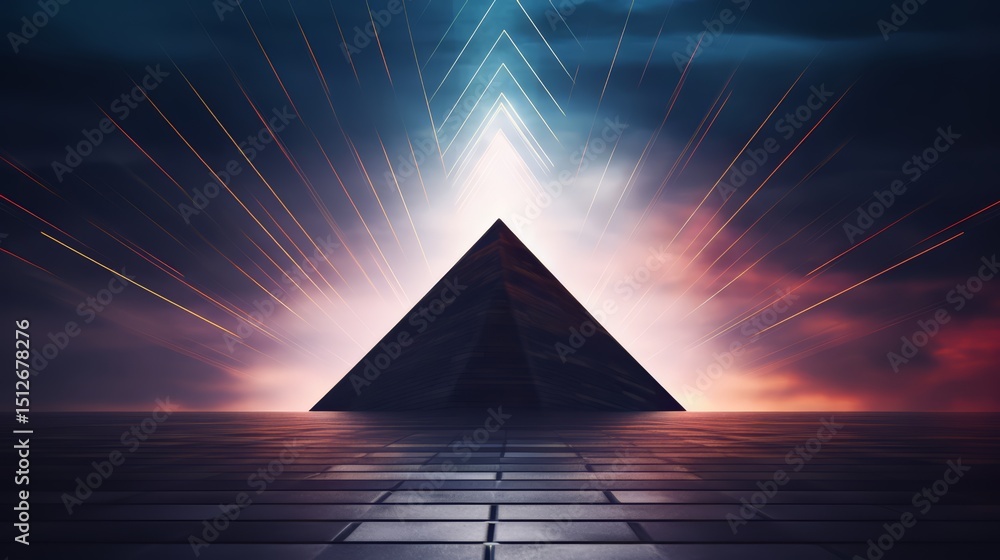 Aufkleber Pyramid is lit up in the night sky with a bright light shining on it. The pyramid is surrounded by a dark background with a few stars visible in the sky. Scene is mysterious and awe-inspiring