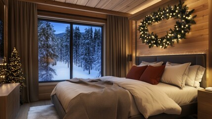 A cozy bedroom boasts large windows that look out onto a snowy forest and is adorned with festive touches like string lights and Christmas trees
