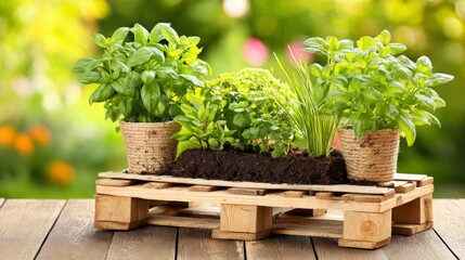 Freshly Grown Herbs in Decorative Pots on a Wooden Pallet Surrounded by Lush Greenery in a Bright Garden Setting