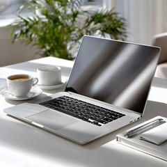 Fototapeta premium Laptop on a white table, with coffee cups, and a plant visible in the background. Sunlight streams on the workspace