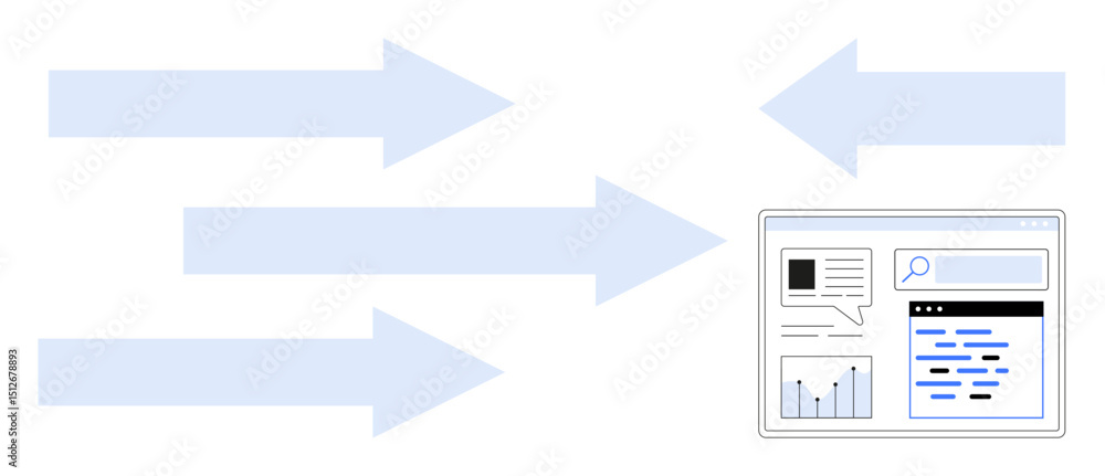 Poster multiple arrows converging on a computer screen with graphs, text, and search bar. ideal for data ma