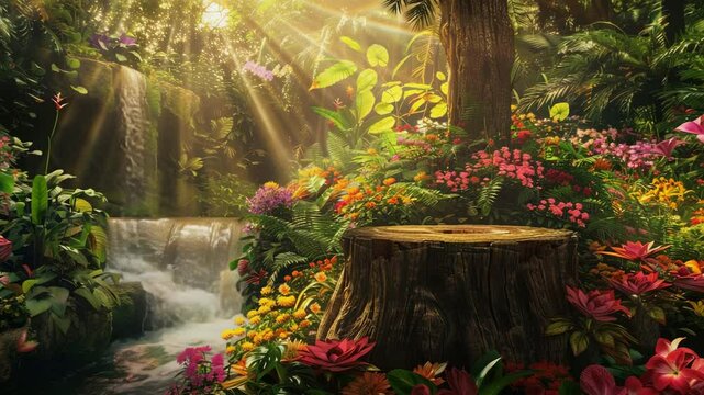 A stump in the middle of a luscious rainforest with colorful flowers everywhere in the background and a waterwall in the distance with sun rays creeping through the trees, Generative AI Videos.
