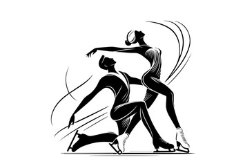 Pair figure skaters performing in black and white illustration