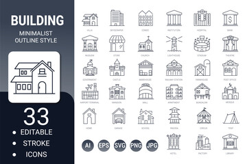 Minimal thin line building web icon set – editable outline vector collection