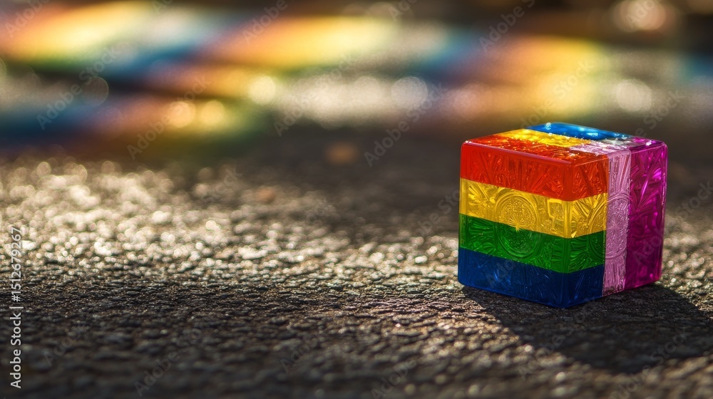 Poster the image is a close-up of a crystal cube with multiple colors, positioned on a dark gray surface, r