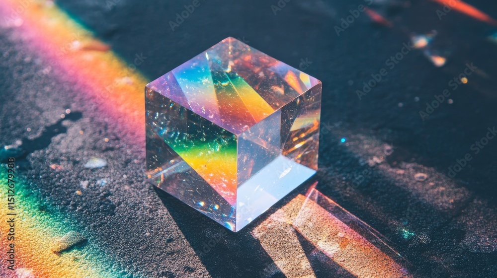 Poster a close-up view of a multicolored crystal cube on a dark gray surface showcases the cube's internal 