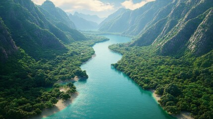 Obraz premium The scene unfolds from an aerial perspective, showcasing a winding river amidst a tropical haven, illuminated by warm sunlight