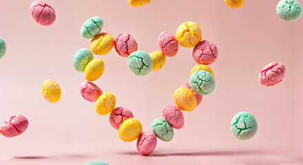 Freeze-Dried Colorful Candies in Motion  Falling Down in Air and Forming Heart Shape on Pastel Pink Background 