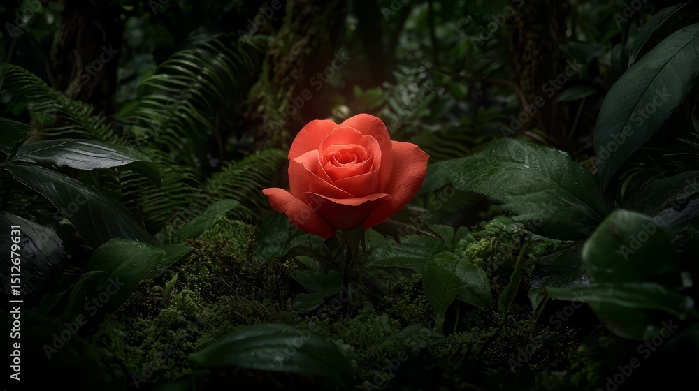 Poster red rose is the main focus of the image, surrounded by green foliage. the image has a moody and myst