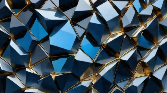 Geometric pattern of blue and gray glass shards with gold trim creates a mosaic background texture