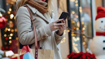 A woman in a coat and scarf uses a smartphone near shopping gifts and a snowman, with bokeh festive lights. It is a winter shopping scene, possibly during the Christmas season. - Powered by Adobe