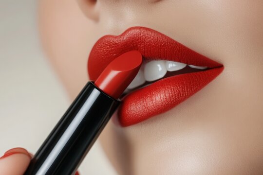 Red Lipstick: A close-up shot of a woman's lips being adorned with a vibrant red lipstick, emphasizing beauty and confidence, and portraying a beauty product advertisement. - Powered by Adobe