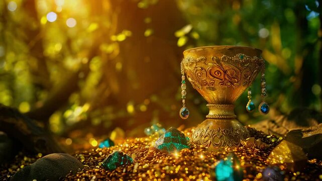 A golden goblet on a pile of gold and jewels, background in the forest, Generative AI Videos.