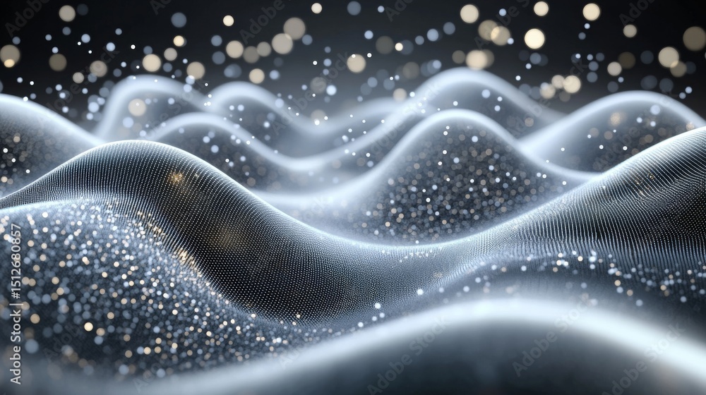 Poster an abstract 3d rendering set against a dark background depicts a flowing wave of white particles tha