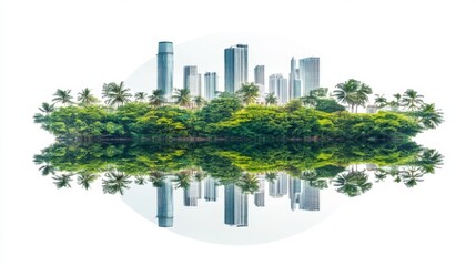 Obraz premium Lush green foliage and ancient stone architecture set against a neutral background come together to form a visualization of abstract sound waves