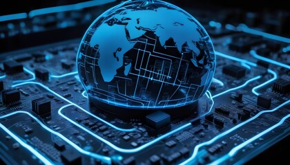 Digital Globe on a Circuit Board Representing Global Technology and Connectivity

