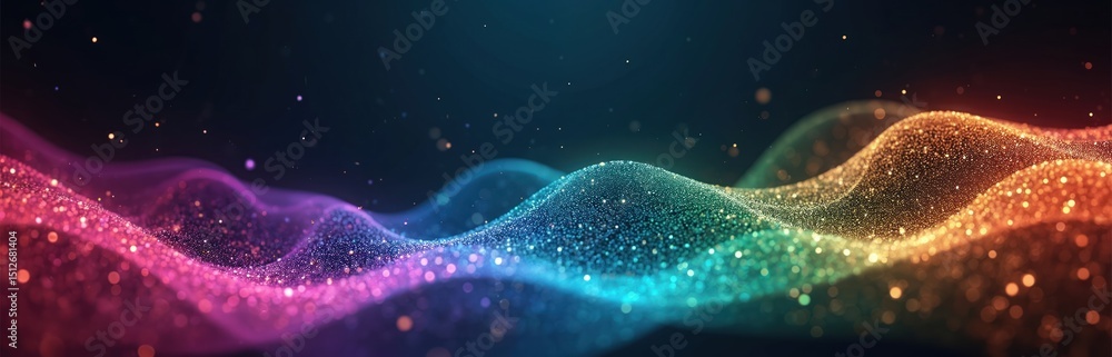 Poster abstract digital particles wave with bokeh effect. colorful line wave dot background with light glow