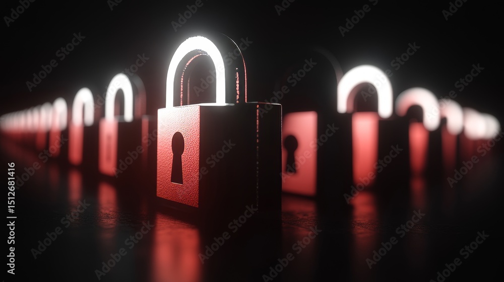 Poster glowing padlocks are arranged in a row on a dark background, and one of them is distinctive