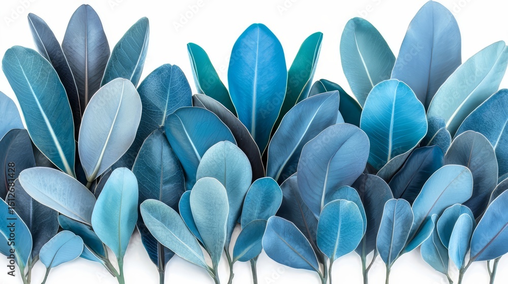 Aufkleber Row of blue leaves with a white background. The leaves are arranged in a way that creates a sense of depth and movement. The blue color of the leaves gives a calming and serene feeling to the image