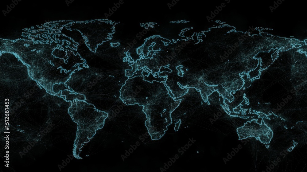 Poster global network connections are depicted as a world map with glowing teal lines and nodes set against