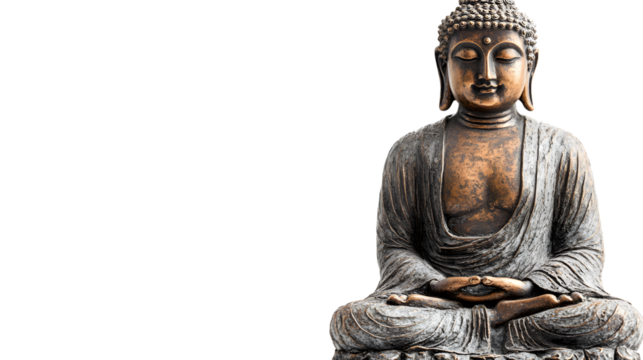 Elegant statue of Buddha on an empty white background, perfect for spiritual themes like Mahavir Jayanti or Buddha Jayanthi
