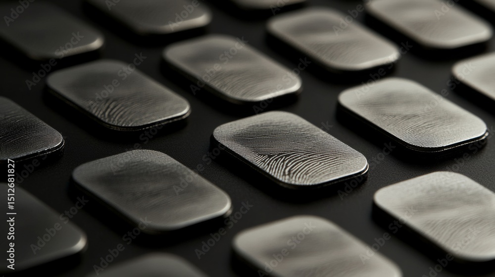 Poster multiple metallic cards featuring black, white, and gold fingerprint patterns are displayed in a clo