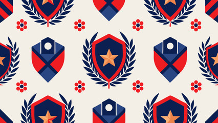 Patriotic Shield and Laurel Wreath Seamless Pattern Red, White, and Blue Design
