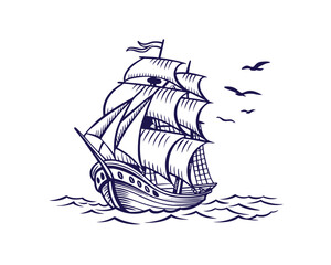 Vintage Sailing Ship Illustration Ocean Waves Birds