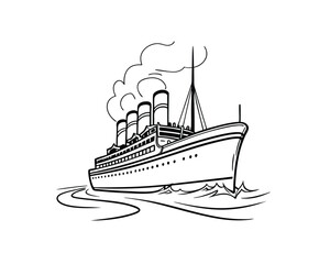 Obraz premium Vintage Ocean Liner Ship Sailing on the Water Black and White Illustration
