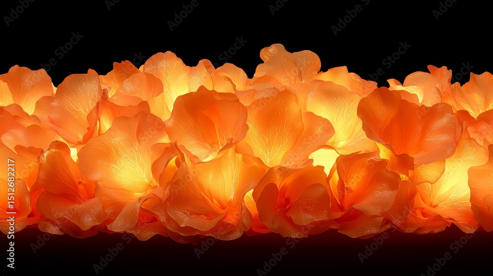 Poster row of orange flowers with lights on them. the flowers are lit up and arranged in a row