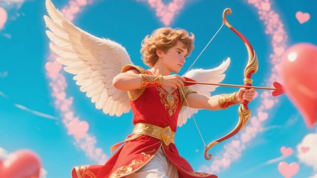Animated illustration of cupid with bow and arrow aiming on a romantic valentines day background  Ai HD video.
