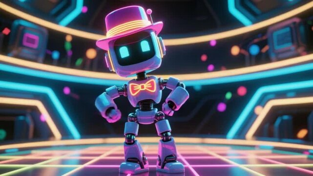 Animated robot character dancing with neon light bowtie and top hat in futuristic disco  Ai HD video.
