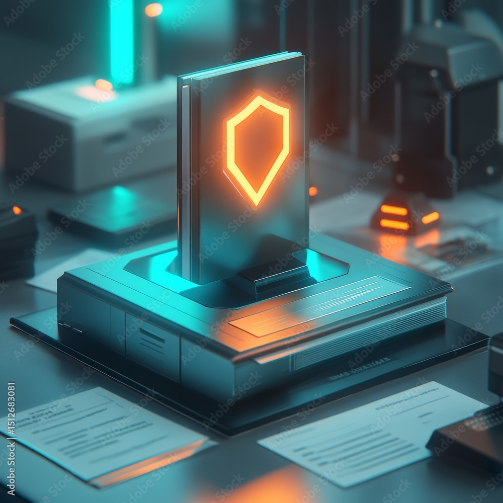 Poster data protection and security are represented by a blue glowing shield on top of a dark notebook fill