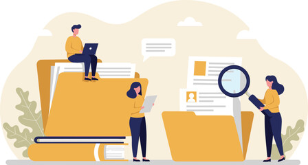 Document, content or research paper, documentation file folder storage, report or paperwork, search or file archive, office contract concept, business people working with paper document file folder