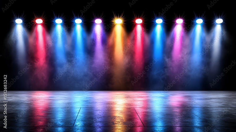 Aufkleber Series of lights are lit up in a dark room. The lights are in a rainbow of colors, creating a vibrant and energetic atmosphere. The lights are arranged in a row