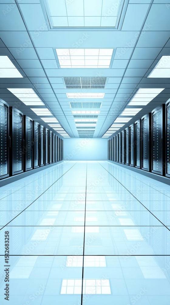Poster in a modern data center, a long corridor is filled with rows of dark gray server racks under bright 