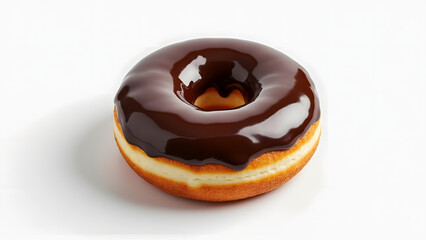 Glossy chocolate glazed donut with soft texture on white background, delicious and tempting dessert for sweet cravings
