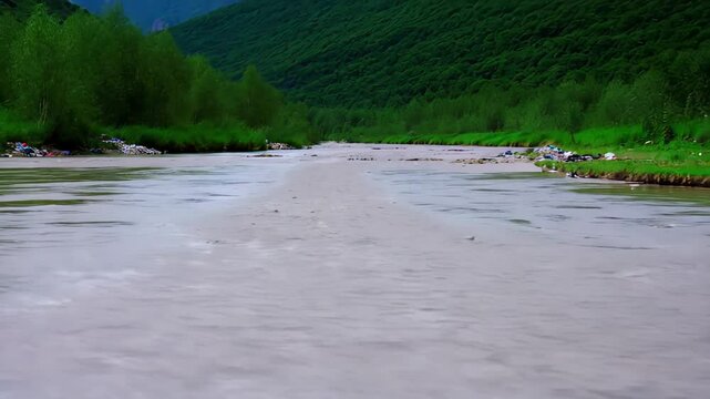 A murky, polluted river with floating debris and discarded trash visible along its banks amidst green foliage. Concept of environmental pollution and ecological disaster