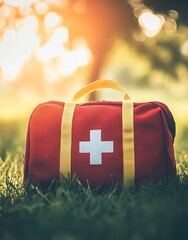 The red first aid kit bag is placed outside on a bed of moss, with a blurred green forest and bright sunlight behind it