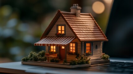 Rustic miniature house model displayed on a laptop in a natural outdoor environment