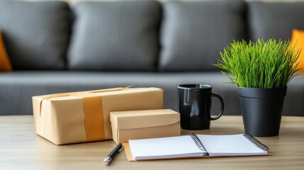 The wooden table holds a charming still life composition of a wrapped package, books, houseplants, a coffee mug, and a notepad