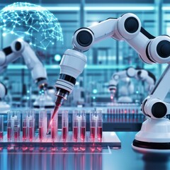 Robotic arms in a contemporary lab setting manage test tubes, surrounded by bright illumination and a pristine atmosphere