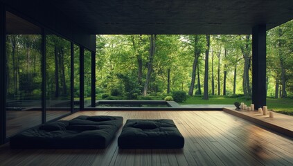 A peaceful atmosphere pervades this minimalist space, which features natural light, wooden floors, comfortable cushions, various plants, and a table that is low to the ground
