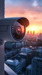 Multiple security cameras are positioned on tall poles to overlook the cityscape at twilight, complemented by network connection icons that signify a smart security system