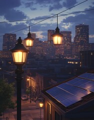 A vast solar panel array serves as the backdrop for a night cityscape illuminated by modern streetlights