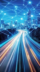 Vibrant blue lights, speeding traffic trails, and power lines come together in the night cityscape to produce a futuristic atmosphere