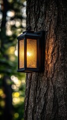 In a garden, a tree branch supports a wooden lantern through which sunlight passes