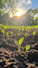 At sunset, dark soil supports the growth of young green plants in a vibrant field that stretches to the horizon