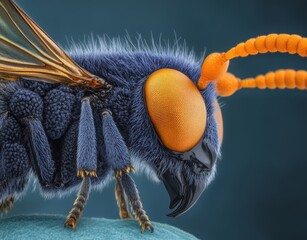A close-up shot of a wasp reveals its intricate texture and sharp details, set against a dark blue background and showcasing its characteristic yellow and black stripes